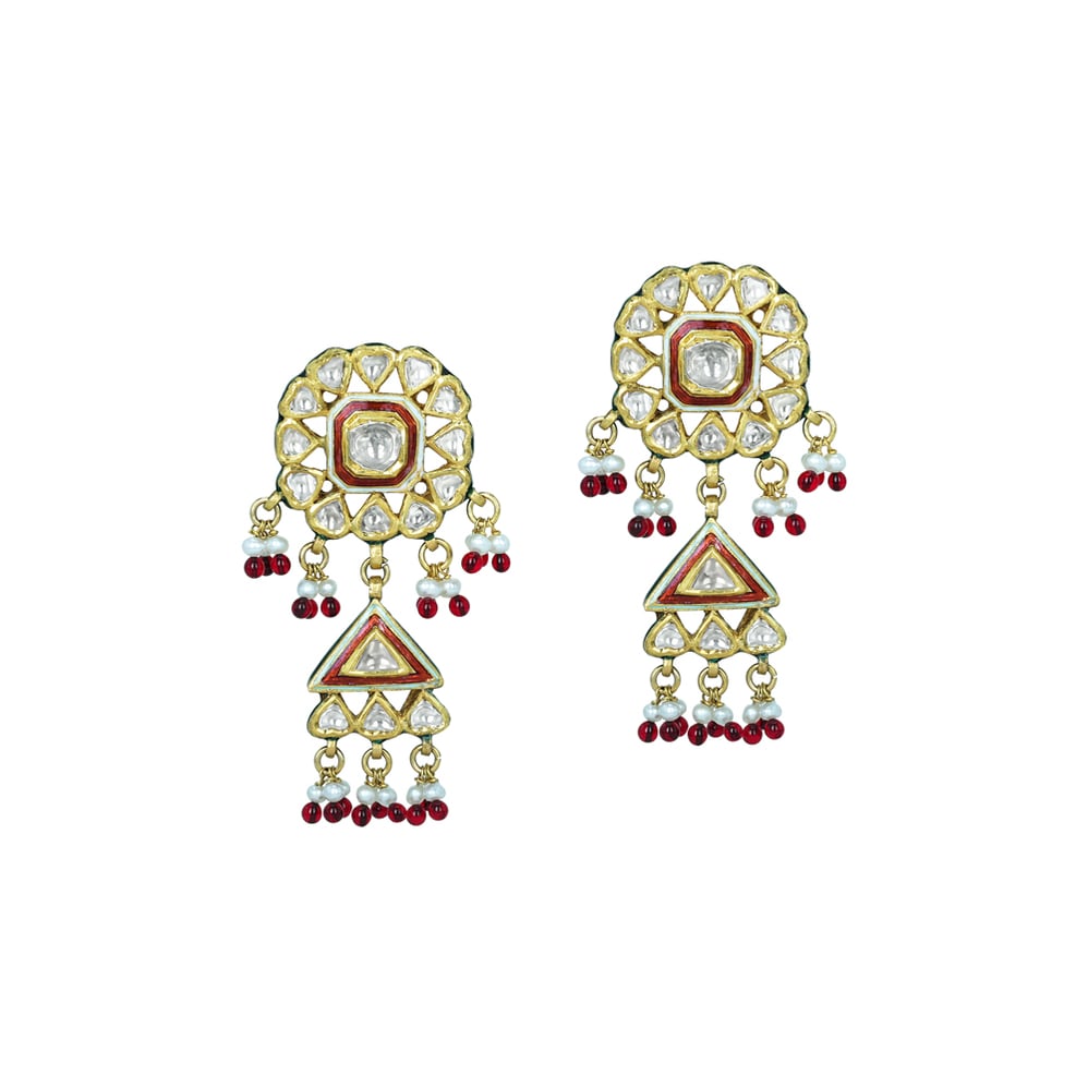 Circular Polki Earrings with Red Enamel, Triangular Drops, and Pearls